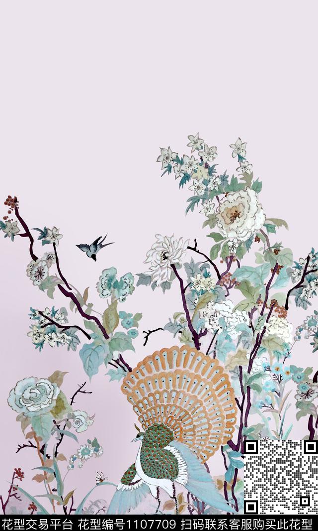 花卉孔雀国画数码印花华亿平台下载（图片编号: 1107709） - 瓦栏（Walan）