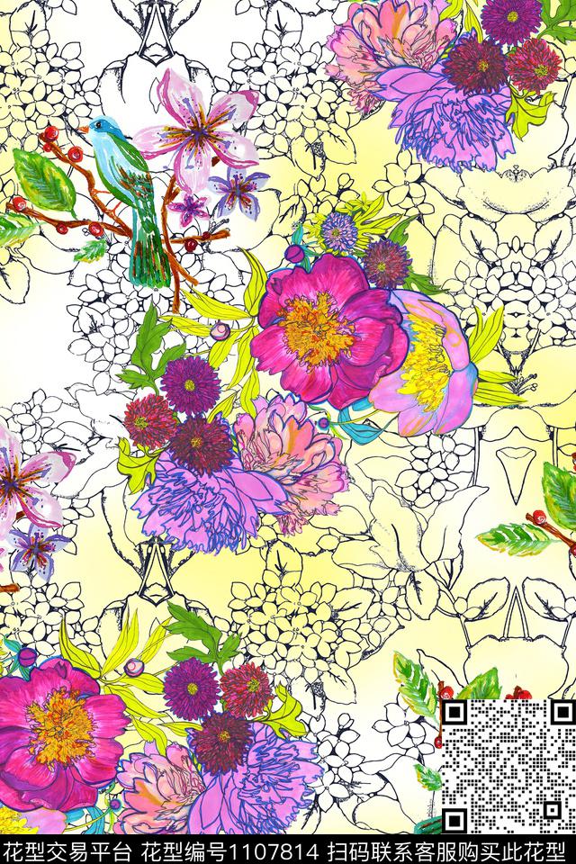 花卉水彩花卉手绘花卉数码印花华亿平台下载（图片编号: 1107814） - 瓦栏（Walan）