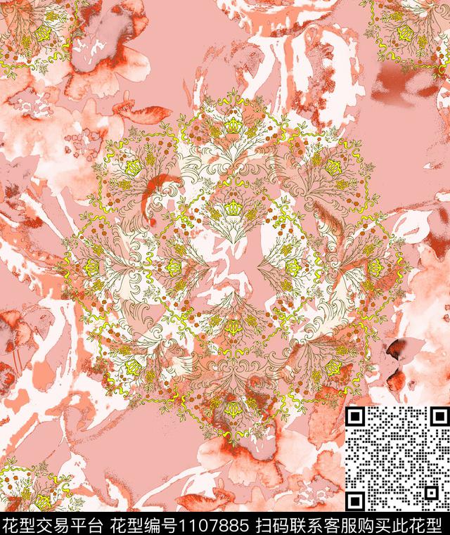 民族风抽象水彩花卉数码印花华亿平台下载（图片编号: 1107885） - 瓦栏（Walan）