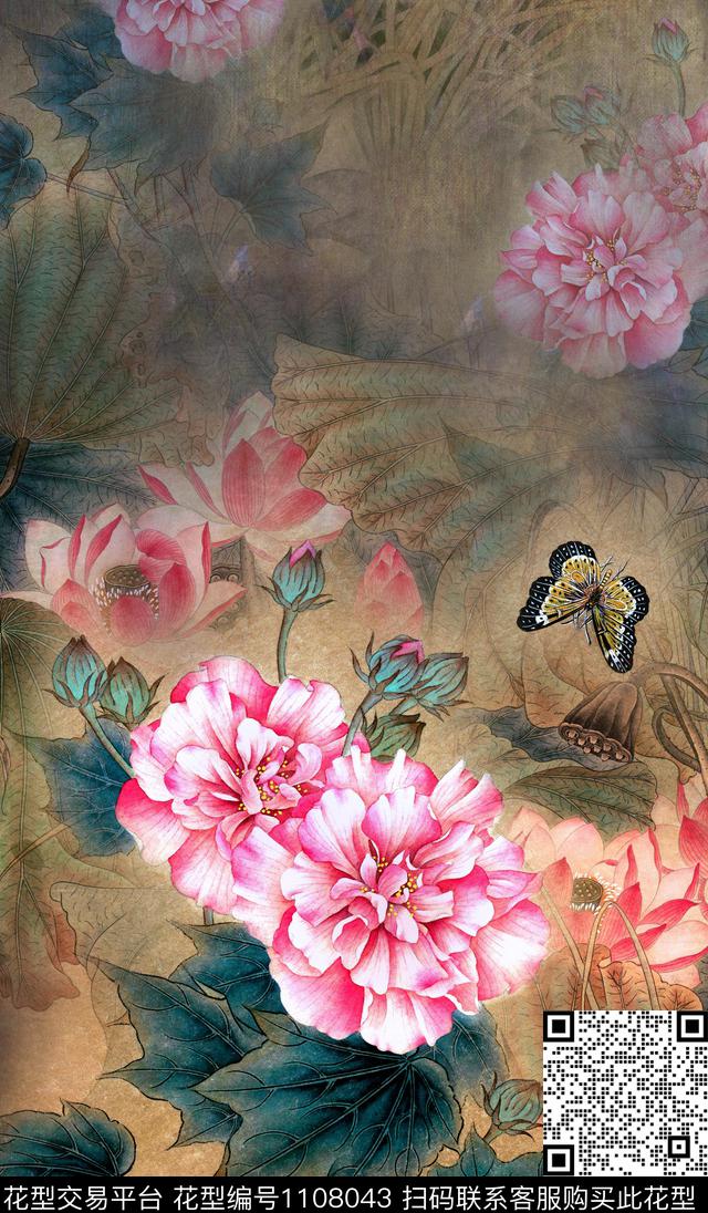 国画荷花牡丹数码印花华亿平台下载（图片编号: 1108043） - 瓦栏（Walan）