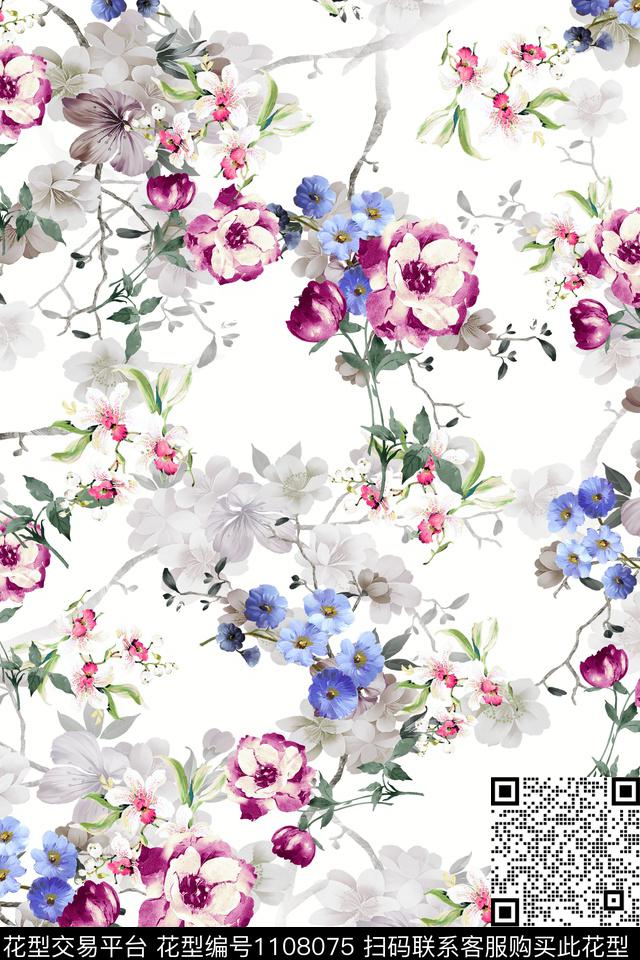 小碎花清爽底花卉白底花卉数码印花华亿平台下载（图片编号: 1108075） - 瓦栏（Walan）