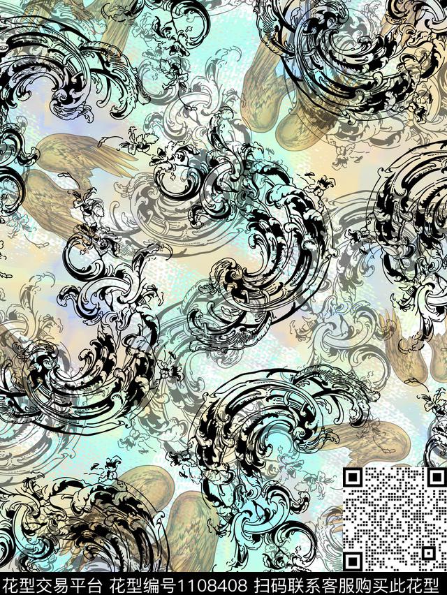 古典花纹翅膀镂空花纹数码印花华亿平台下载（图片编号: 1108408） - 瓦栏（Walan）