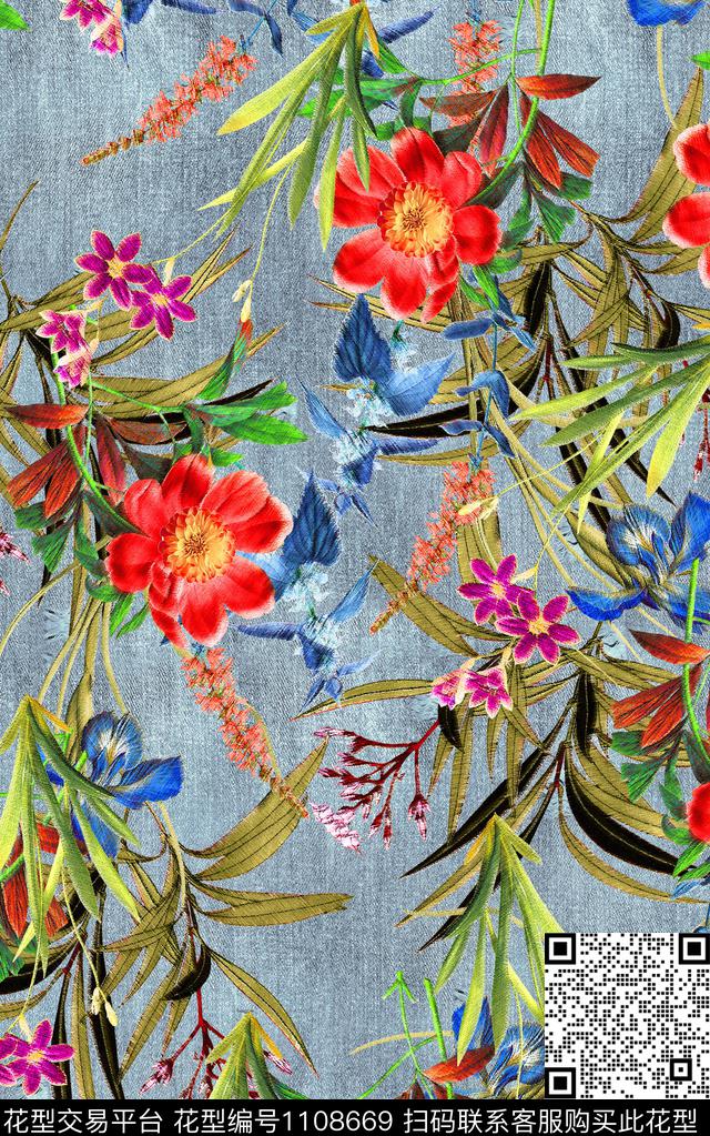 牛仔花卉传统印花华亿平台下载（图片编号: 1108669） - 瓦栏（Walan）