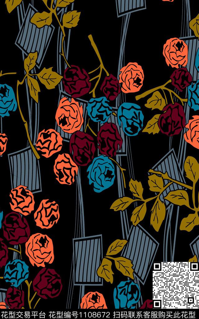 花卉几何线条传统印花华亿平台下载（图片编号: 1108672） - 瓦栏（Walan）