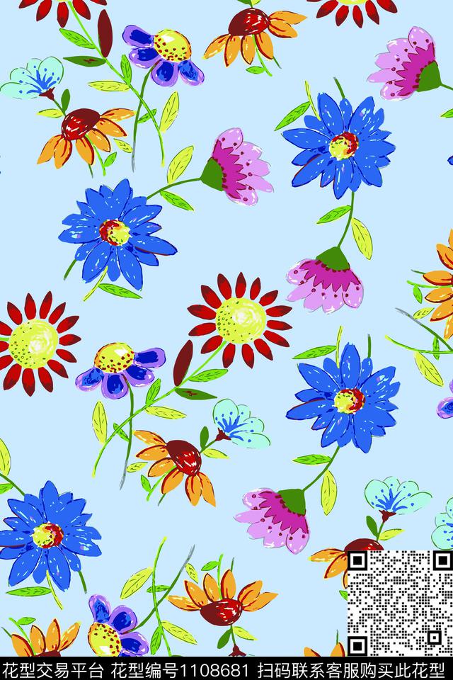 花卉满版散花清爽底花卉数码印花华亿平台下载（图片编号: 1108681） - 瓦栏（Walan）