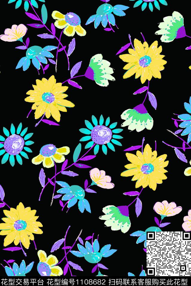 花卉亮丽波点数码印花华亿平台下载（图片编号: 1108682） - 瓦栏（Walan）