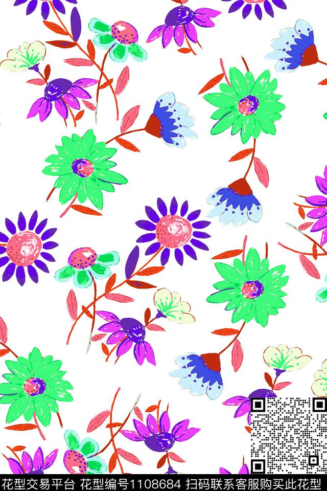 花卉亮丽波点数码印花华亿平台下载（图片编号: 1108684） - 瓦栏（Walan）