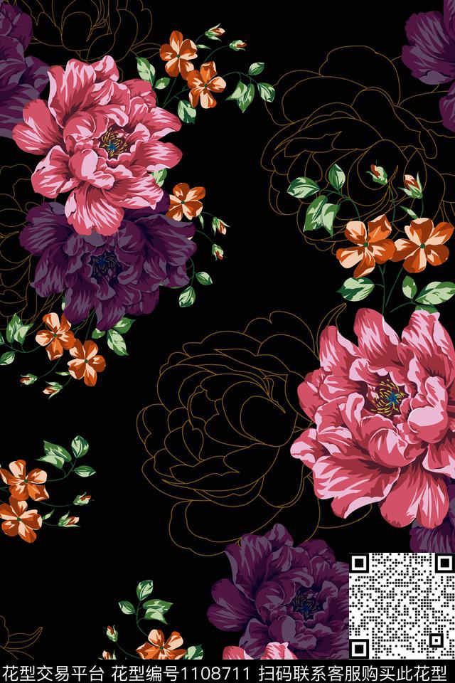 大牌风花卉复古数码印花华亿平台下载（图片编号: 1108711） - 瓦栏（Walan）