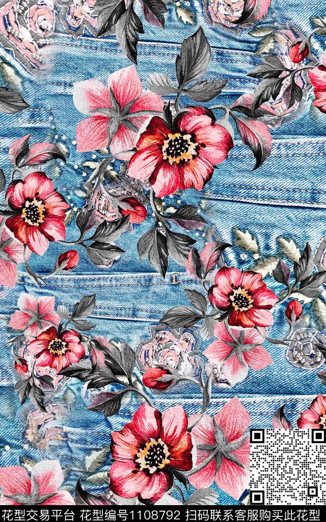 牛仔水彩花卉肌理数码印花华亿平台下载（图片编号: 1108792） - 瓦栏（Walan）