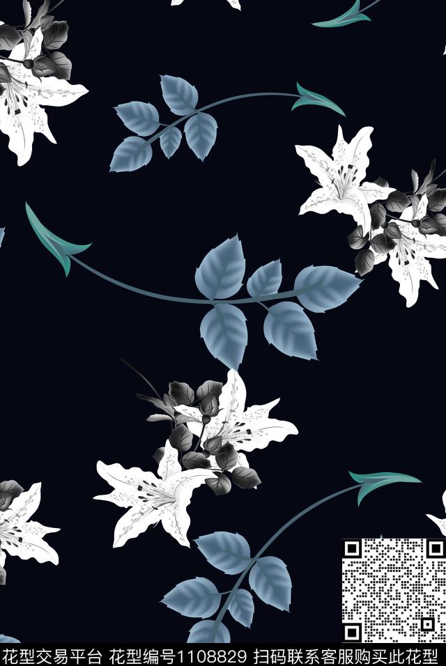 花卉满版散花绿植树叶数码印花华亿平台下载（图片编号: 1108829） - 瓦栏（Walan）