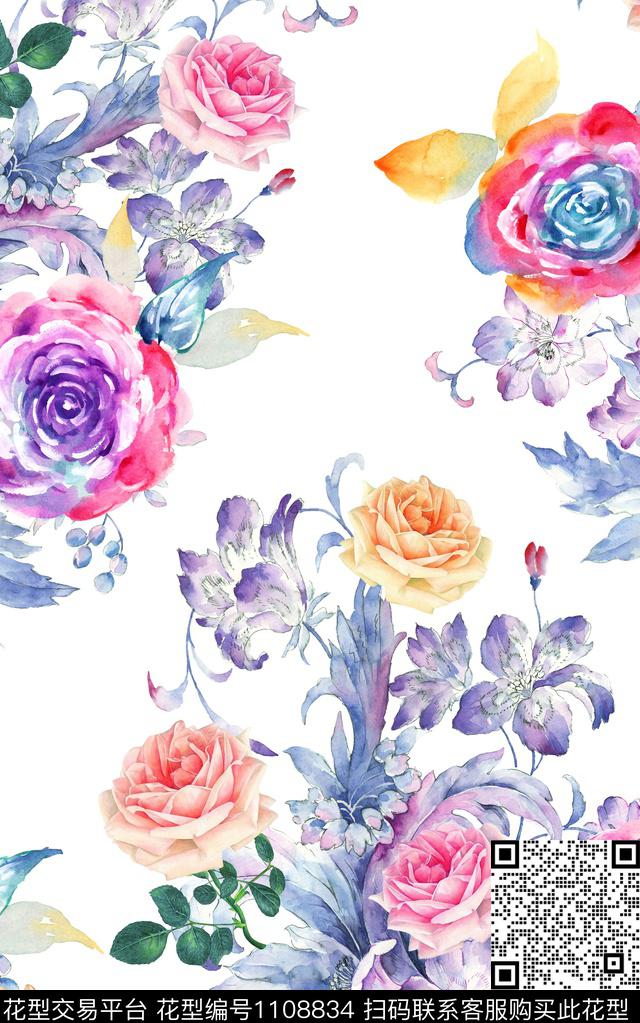 手绘花卉素雅玫瑰花数码印花华亿平台下载（图片编号: 1108834） - 瓦栏（Walan）