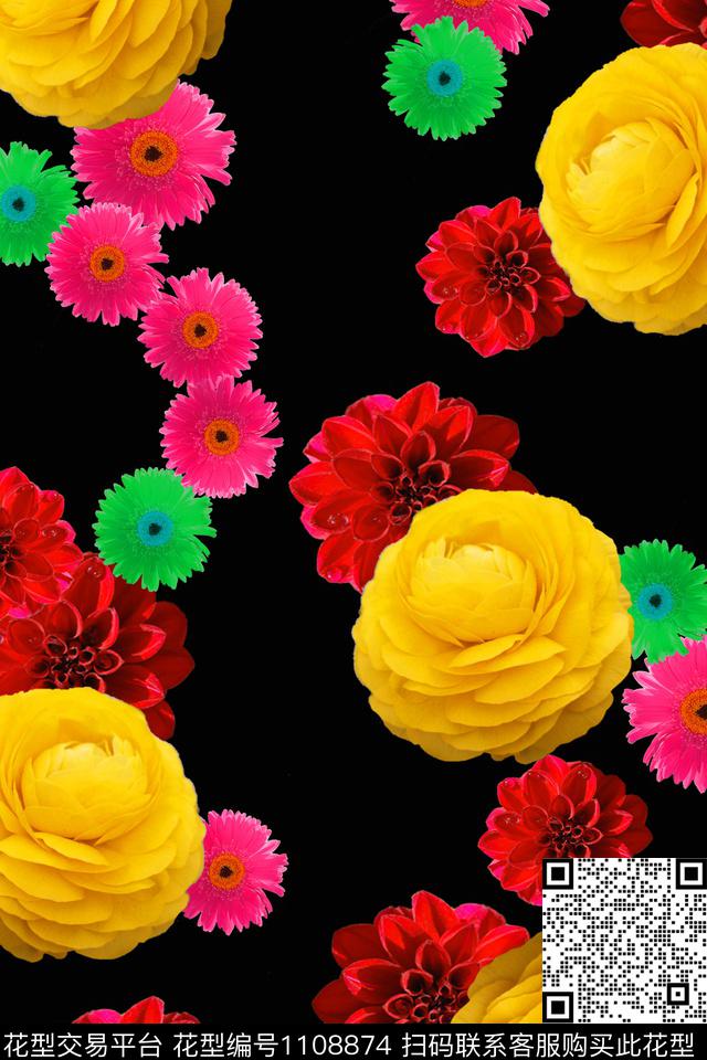 大花数码华亿平台黑底花卉数码印花华亿平台下载（图片编号: 1108874） - 瓦栏（Walan）