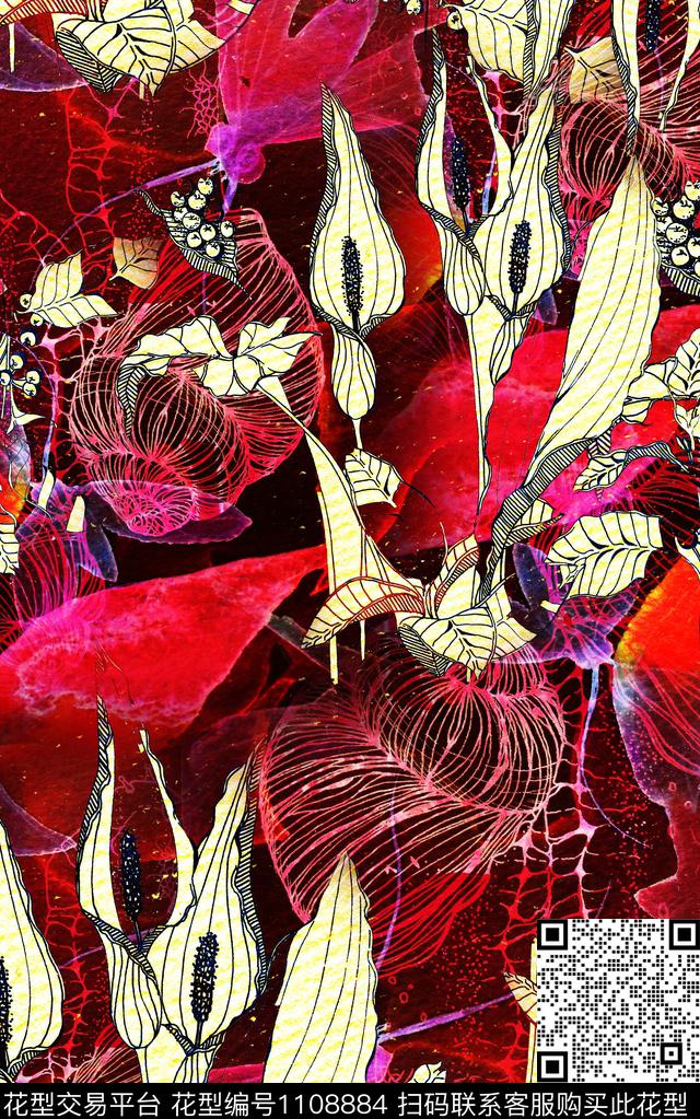 花卉笔触肌理数码印花华亿平台下载（图片编号: 1108884） - 瓦栏（Walan）