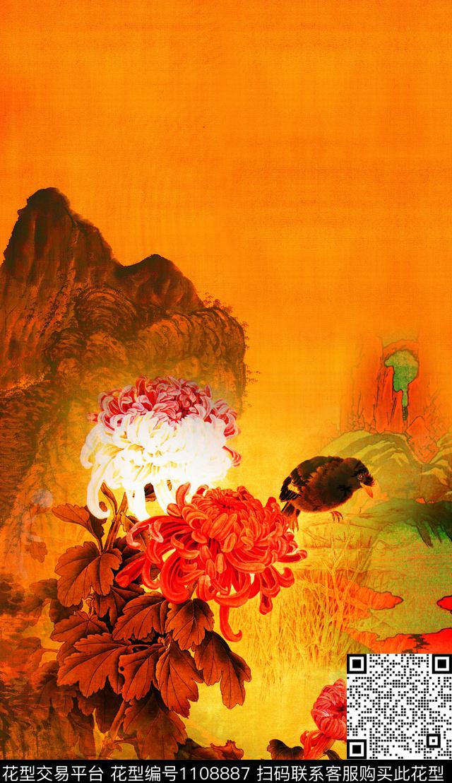 复古定位花水墨风数码印花华亿平台下载（图片编号: 1108887） - 瓦栏（Walan）