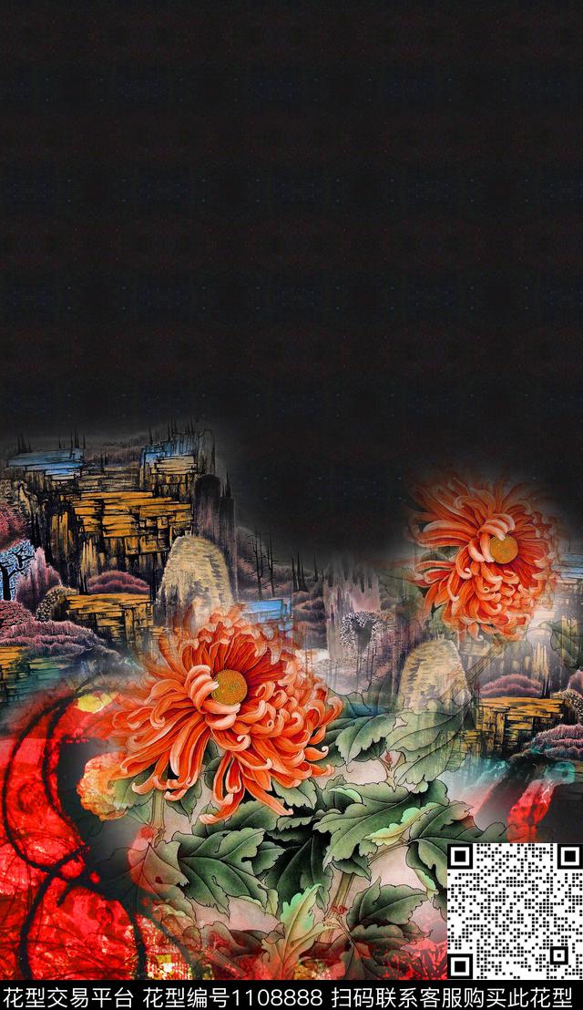 复古定位花水墨风数码印花华亿平台下载（图片编号: 1108888） - 瓦栏（Walan）