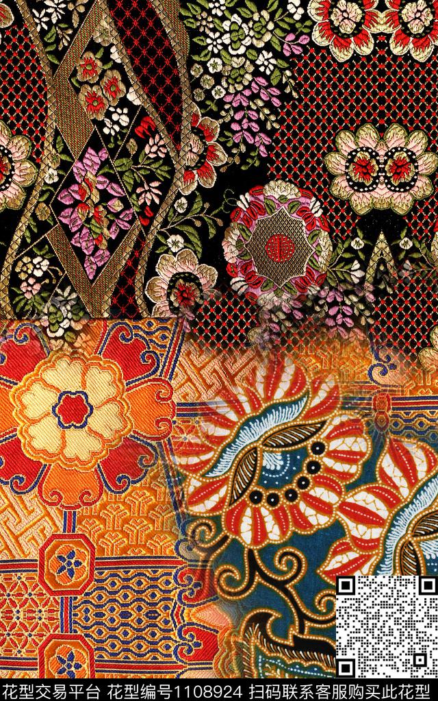 格子抽象花卉几何数码印花华亿平台下载（图片编号: 1108924） - 瓦栏（Walan）