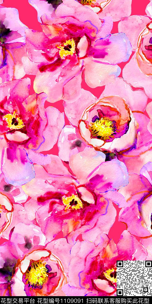 手绘花卉丝绸真丝棉布人造棉数码印花华亿平台下载（图片编号: 1109091） - 瓦栏（Walan）