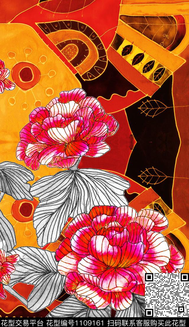 线条花卉民族风数码印花华亿平台下载（图片编号: 1109161） - 瓦栏（Walan）