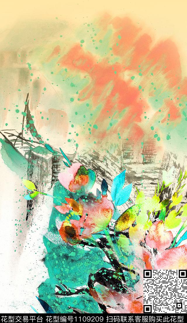 水墨风定位花女装定位花数码印花华亿平台下载（图片编号: 1109209） - 瓦栏（Walan）