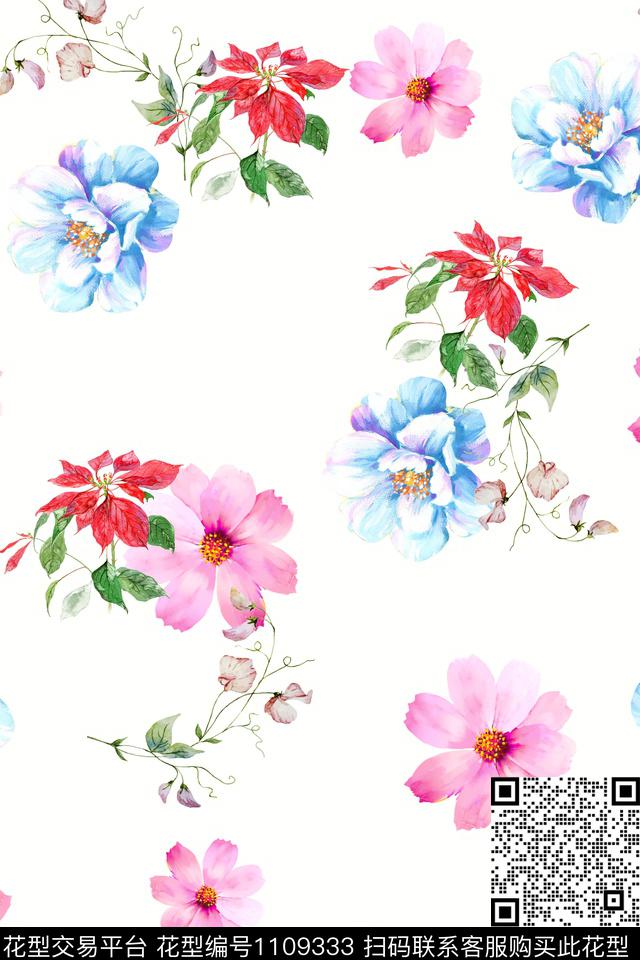 花卉满版散花数码华亿平台数码印花华亿平台下载（图片编号: 1109333） - 瓦栏（Walan）