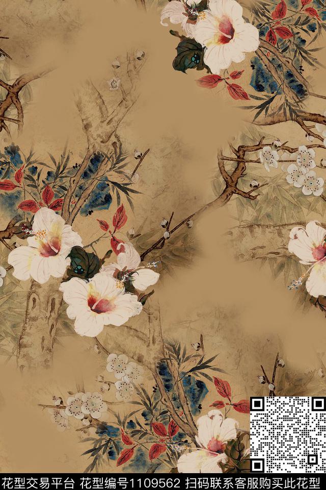 树枝花卉香云纱数码印花华亿平台下载（图片编号: 1109562） - 瓦栏（Walan）