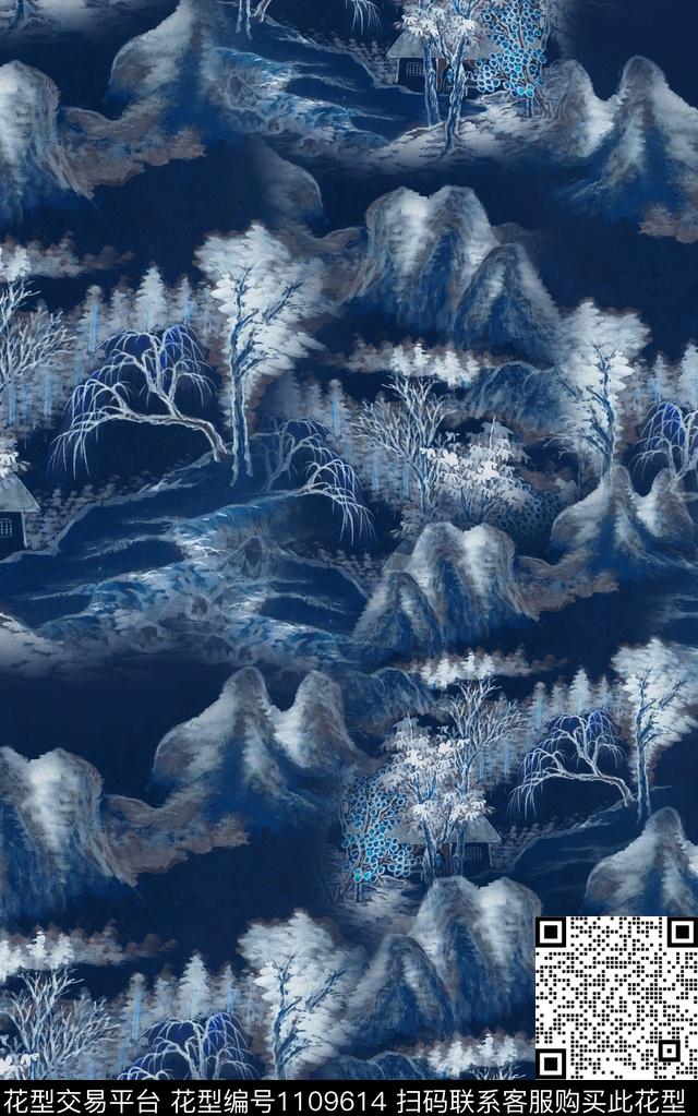 水墨风单色国画数码印花华亿平台下载（图片编号: 1109614） - 瓦栏（Walan）