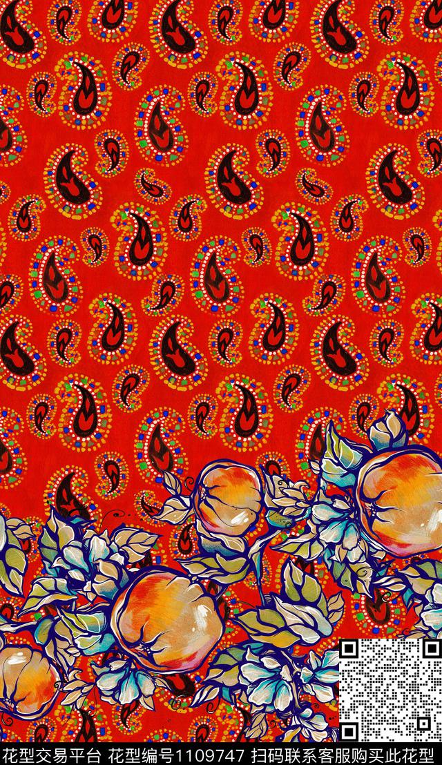 佩斯利定位花民族风数码印花华亿平台下载（图片编号: 1109747） - 瓦栏（Walan）