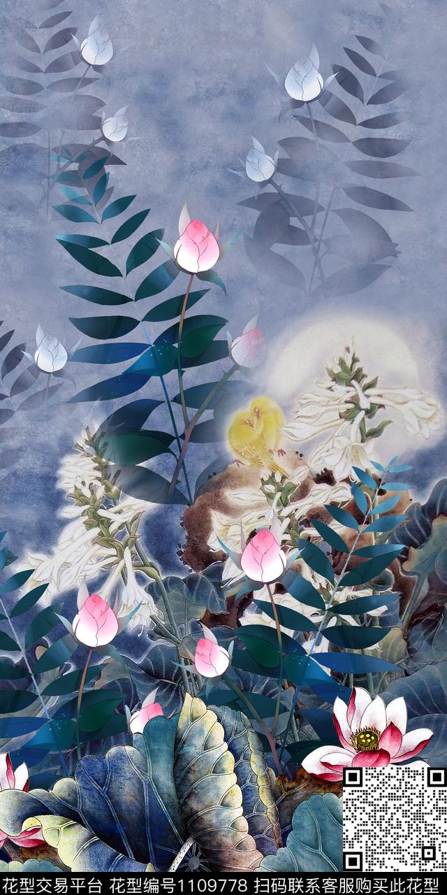 旗袍中国风定位花荷花数码印花华亿平台下载（图片编号: 1109778） - 瓦栏（Walan）