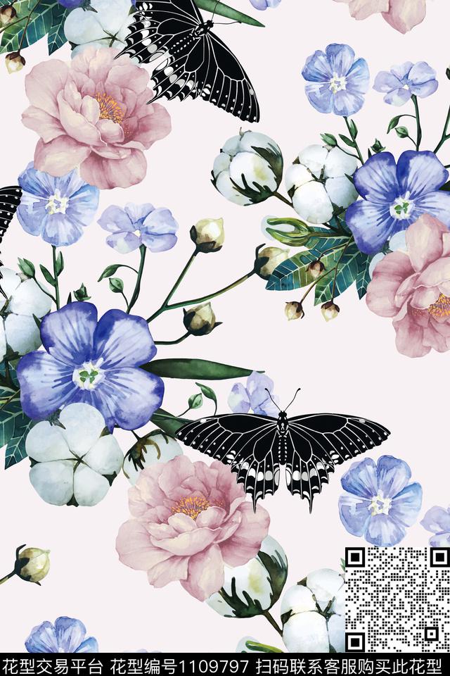 大牌风花卉清爽底花卉数码印花华亿平台下载（图片编号: 1109797） - 瓦栏（Walan）