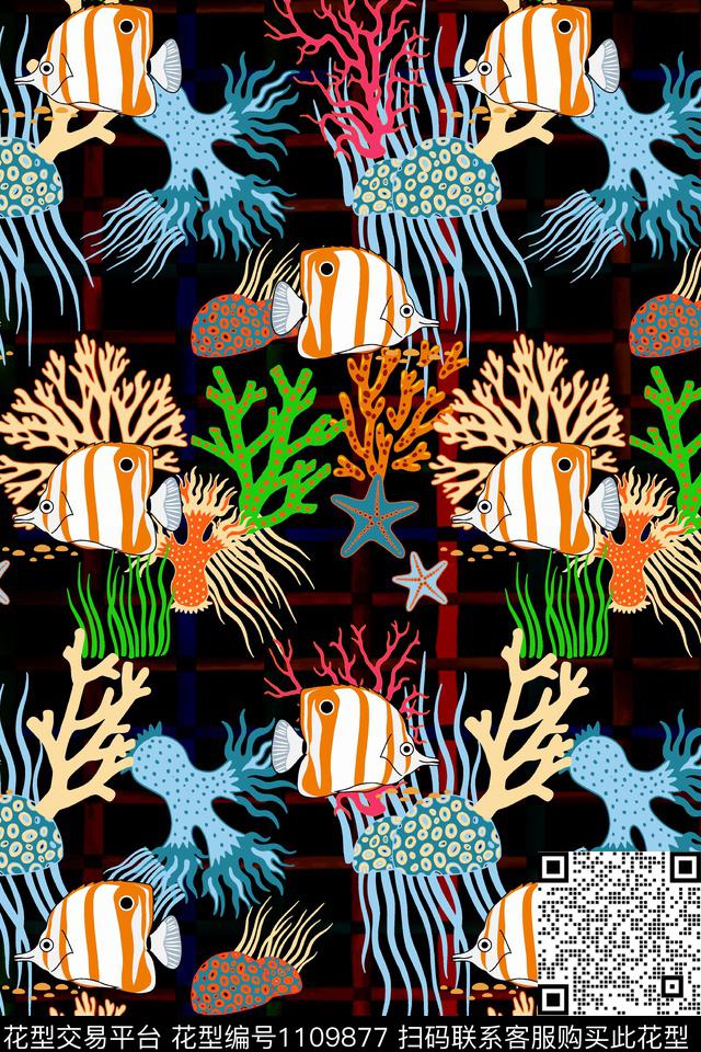 格子鱼海草数码印花华亿平台下载（图片编号: 1109877） - 瓦栏（Walan）