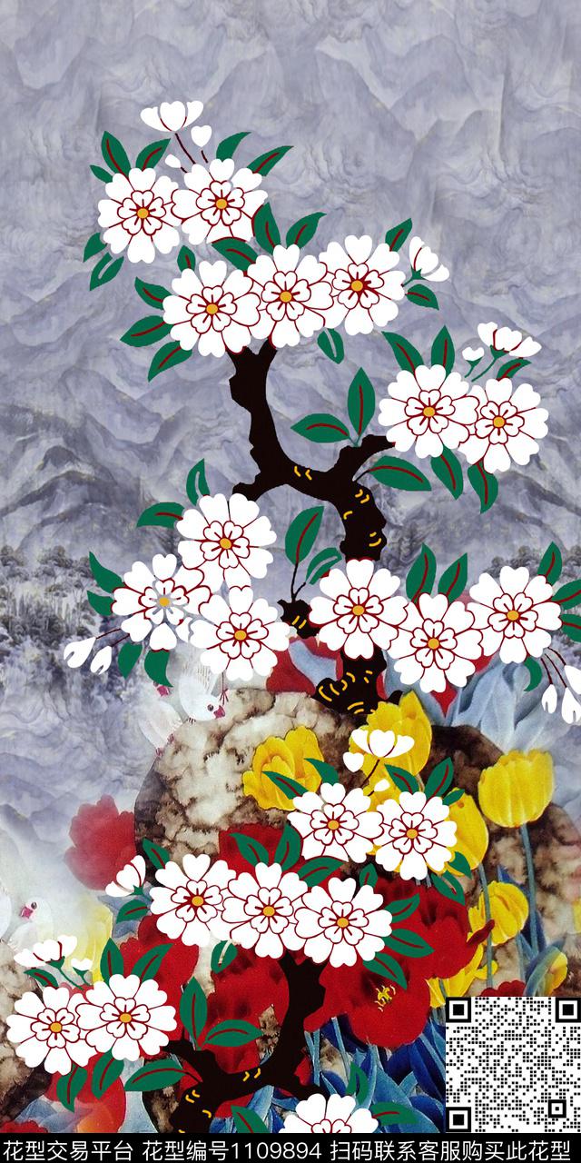 旗袍中国风定位花郁金香数码印花华亿平台下载（图片编号: 1109894） - 瓦栏（Walan）