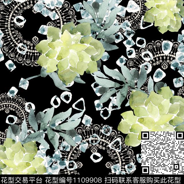 多肉民族风曼陀罗数码印花华亿平台下载（图片编号: 1109908） - 瓦栏（Walan）