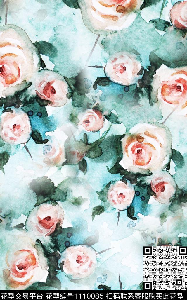 花卉抽象水彩花卉数码印花华亿平台下载（图片编号: 1110085） - 瓦栏（Walan）