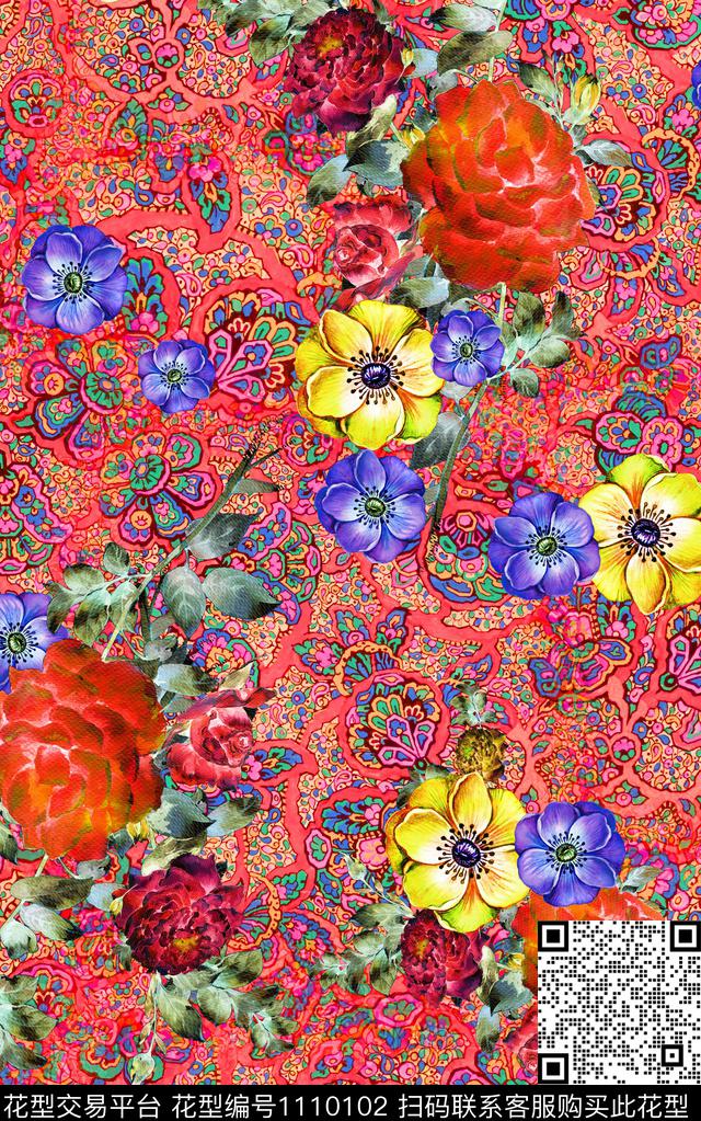 数码华亿平台花卉复古数码印花华亿平台下载（图片编号: 1110102） - 瓦栏（Walan）