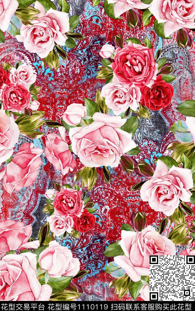 数码华亿平台花卉复古数码印花华亿平台下载（图片编号: 1110119） - 瓦栏（Walan）