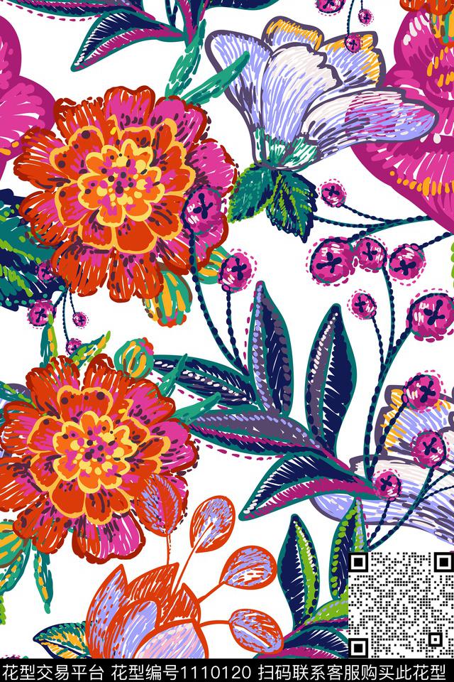 牡丹金盏花绣花华亿平台数码印花华亿平台下载（图片编号: 1110120） - 瓦栏（Walan）