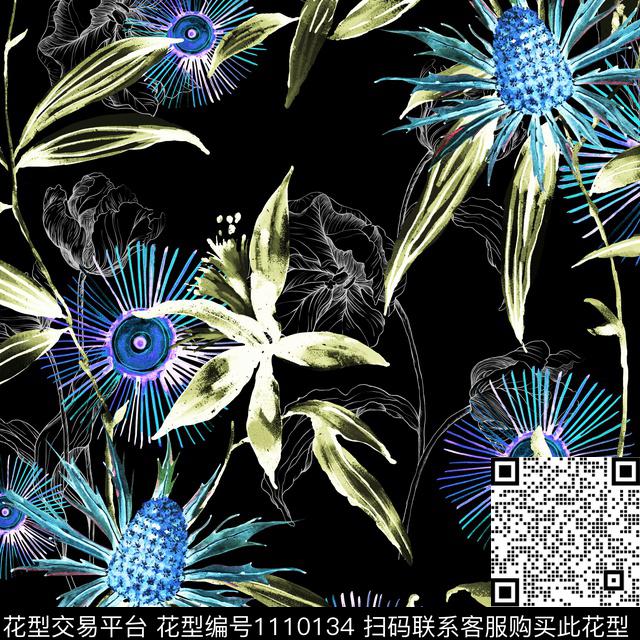 几何线条花卉绿植树叶数码印花华亿平台下载（图片编号: 1110134） - 瓦栏（Walan）