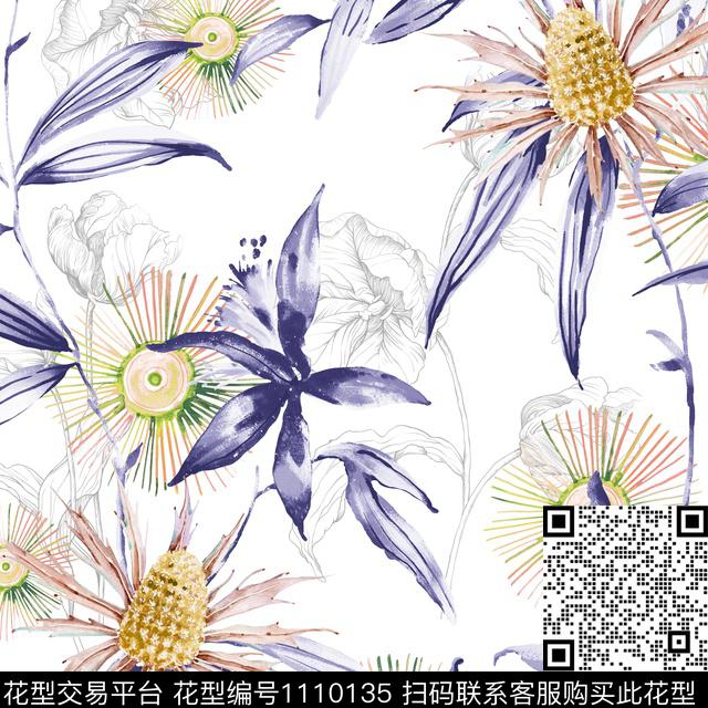 几何线条花卉绿植树叶数码印花华亿平台下载（图片编号: 1110135） - 瓦栏（Walan）