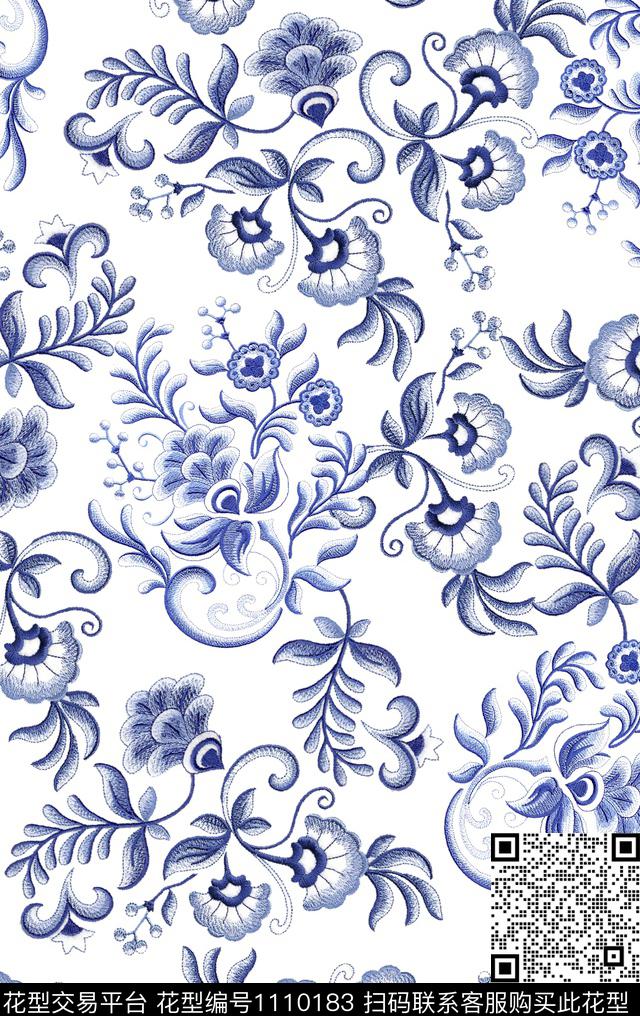 民族风线条花卉复古数码印花华亿平台下载（图片编号: 1110183） - 瓦栏（Walan）