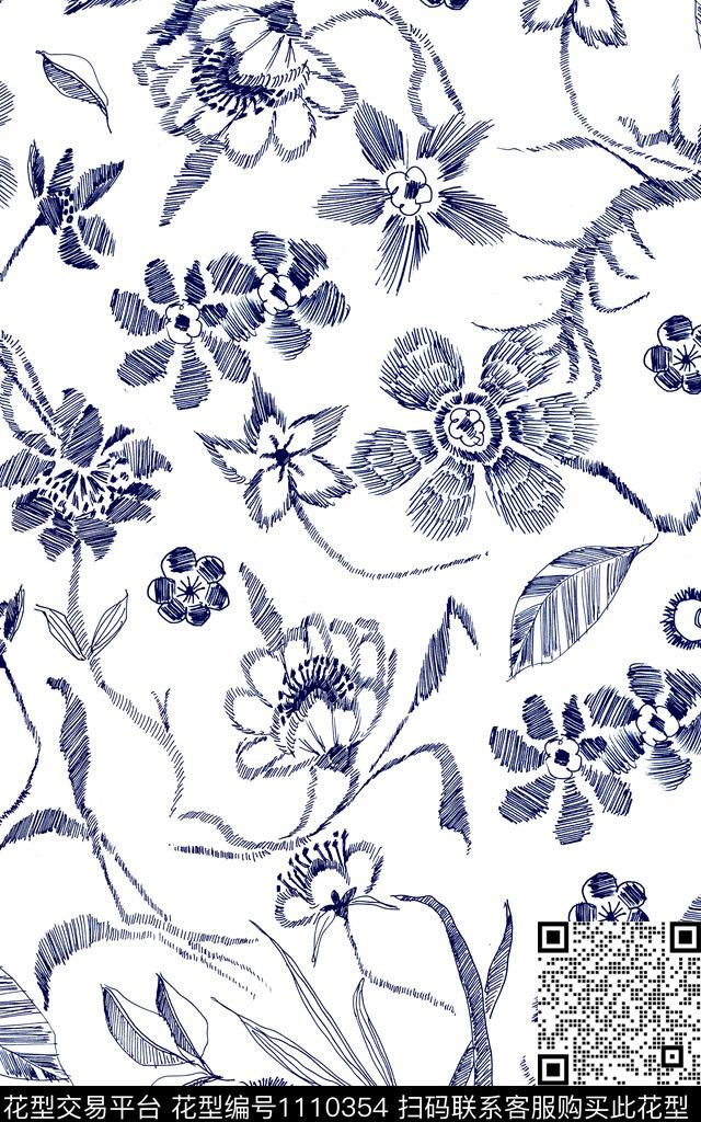 线条签字笔花卉传统印花华亿平台下载（图片编号: 1110354） - 瓦栏（Walan）