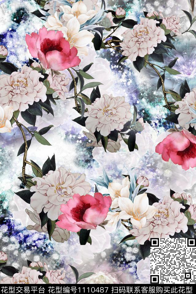 牡丹中国风花鸟数码印花华亿平台下载（图片编号: 1110487） - 瓦栏（Walan）