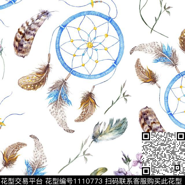 田园民族风羽毛数码印花华亿平台下载（图片编号: 1110773） - 瓦栏（Walan）
