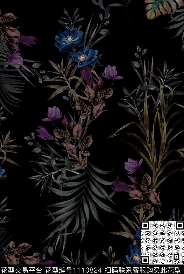 手绘花卉黑底花卉大牌男装数码印花华亿平台下载（图片编号: 1110824） - 瓦栏（Walan）