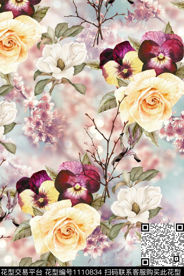 树枝栀子花玫瑰花数码印花华亿平台下载（图片编号: 1110834） - 瓦栏（Walan）