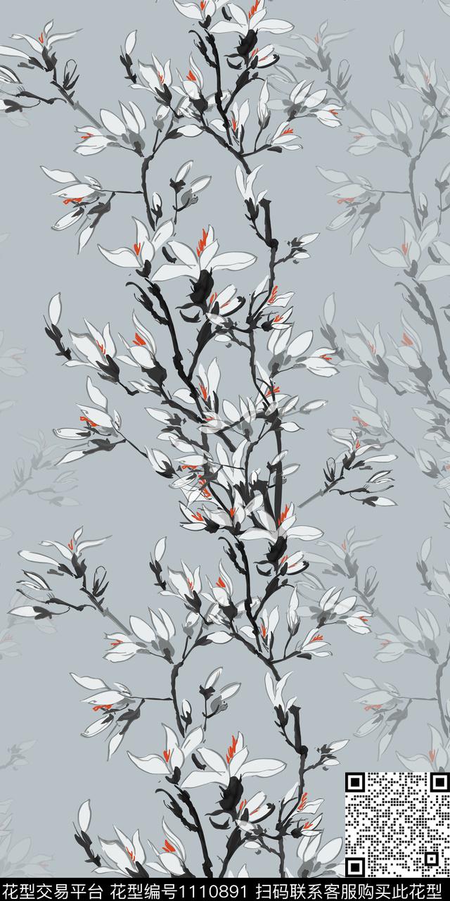 手绘大花蓝色花鸟数码印花华亿平台下载（图片编号: 1110891） - 瓦栏（Walan）