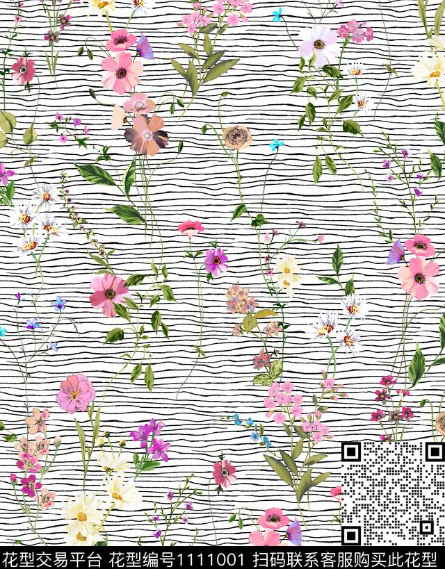 线条花卉复古数码印花华亿平台下载（图片编号: 1111001） - 瓦栏（Walan）