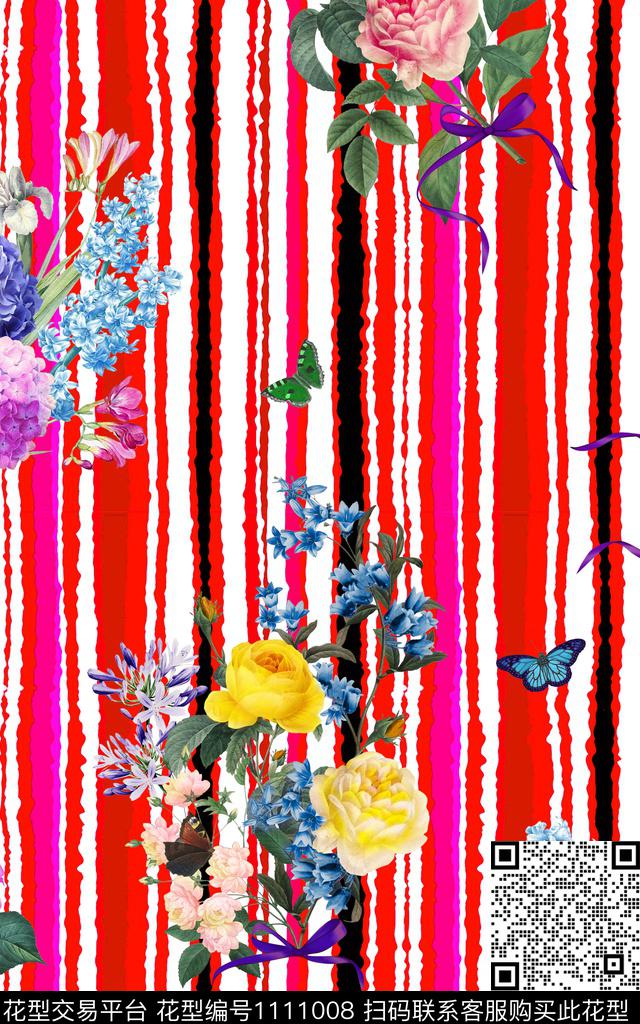 线条花卉复古数码印花华亿平台下载（图片编号: 1111008） - 瓦栏（Walan）