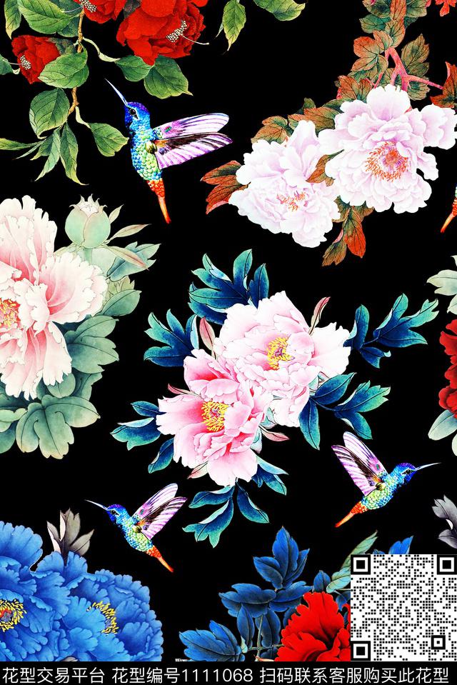 牡丹花鸟手绘花卉数码印花华亿平台下载（图片编号: 1111068） - 瓦栏（Walan）