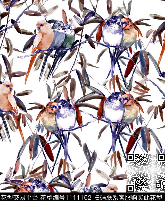 花鸟鹦鹉绿植树叶数码印花华亿平台下载（图片编号: 1111152） - 瓦栏（Walan）