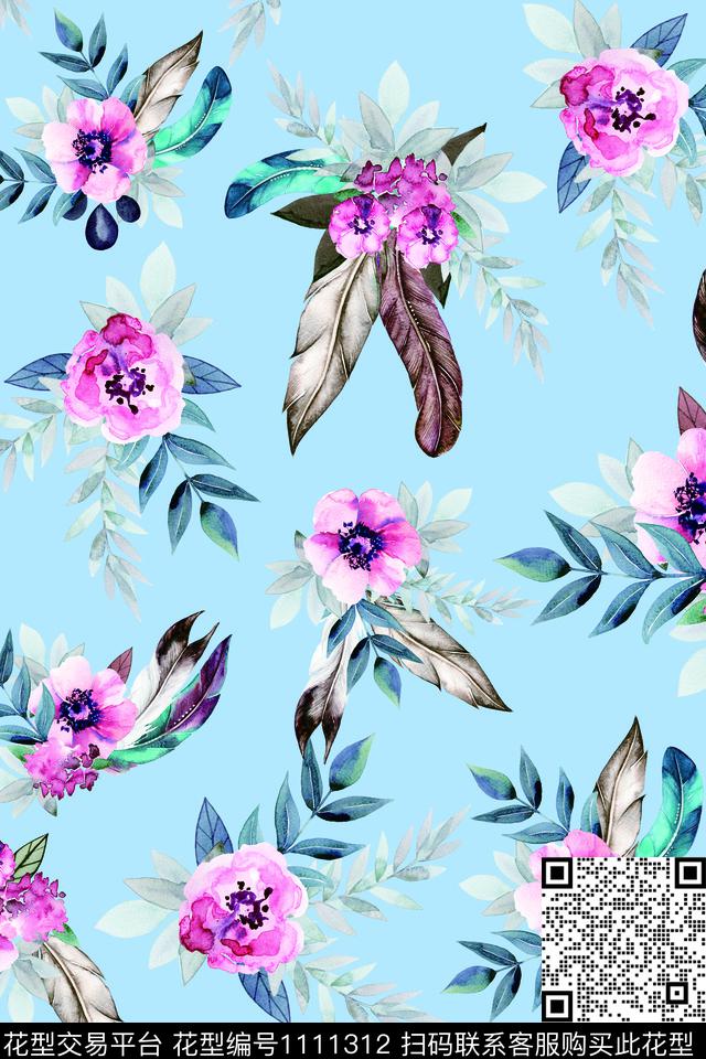 水彩花卉满版散花羽毛花卉数码印花华亿平台下载（图片编号: 1111312） - 瓦栏（Walan）